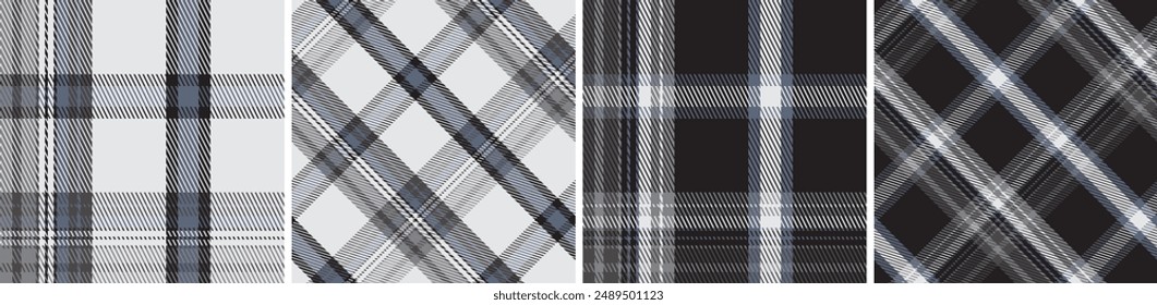 Black with white set plaid seamless. Straight and oblique cage pattern modern fashion texture. Vector graphics of printing on fabrics, shirts, textiles, curtains.