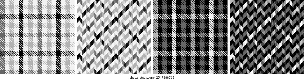 Black with white set plaid seamless. Straight and oblique cage pattern modern fashion texture. Vector graphics of printing on fabrics, shirts, textiles, curtains.