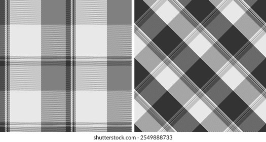 Black with white set plaid seamless. Straight and oblique cage pattern modern fashion texture. Vector graphics of printing on fabrics, shirts, textiles, curtains.