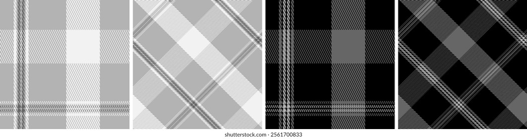 Black with white set plaid seamless. Straight and oblique cage pattern modern fashion texture. Vector graphics of printing on fabrics, shirts, textiles, curtains.