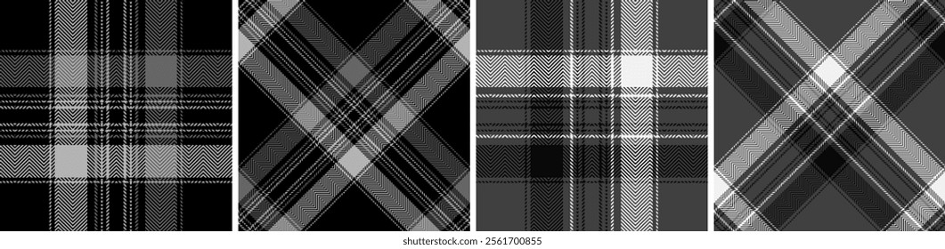 Black with white set plaid seamless. Straight and oblique cage pattern modern fashion herringbone texture. Vector graphics of printing on fabrics, shirts, textiles, curtains.