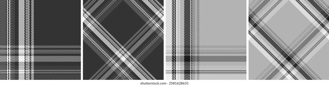 Black with white set plaid seamless. Straight and oblique cage pattern modern fashion texture. Vector graphics of printing on fabrics, shirts, textiles, curtains.