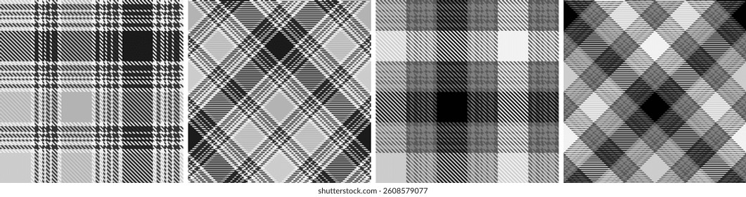 Black with white set plaid seamless. Straight and oblique cage pattern modern fashion texture. Vector graphics of printing on fabrics, shirts, textiles, curtains.