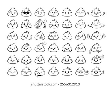 Black and white set of poop characters. Coloring page. Vector