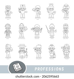 Black and white set of professions. Visual dictionary for children about professional occupation. Cartoon set of characters