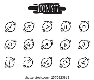 Black and white set of round buttons with symbols, arrows, signs and shapes. Simple hand drawn icons for website, banner, app design