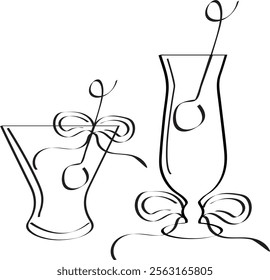 black and white set with round cocktails glasses and a long cocktails glass with berries drawn in outline, design for valentine's day