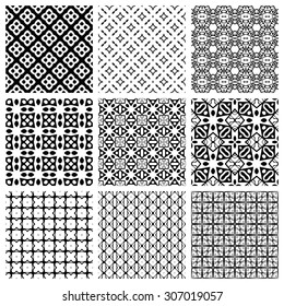 Black and white Set of seamless geometric patterns, simple design elements collection, monochrome background.