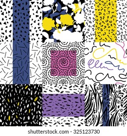 Black and white set of seamless hand drawn texture design with colorful elements for backgrounds. Vector illustration.