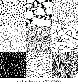 Black and white set of seamless hand drawn texture design for backgrounds. Vector illustration.