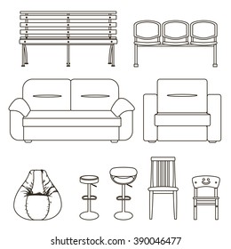 Black and white set of seats, Icon set of modern furniture chair and sofa . Vector. Illustration