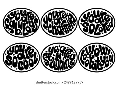 Black and white set of Self love hand drawn lettering in flat style with chunky characters in ellipse shape. Hand drawn slogans perfect for printout, t shirt graphics. Self care quotes.