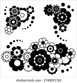 Conjunto blanco y negro de un sencillo ramo de flores de estilo plano. Ilustración vectorial.