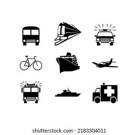 black and white set of simple icons. vector illustration. transport. police car, bus, bike, train and plane.