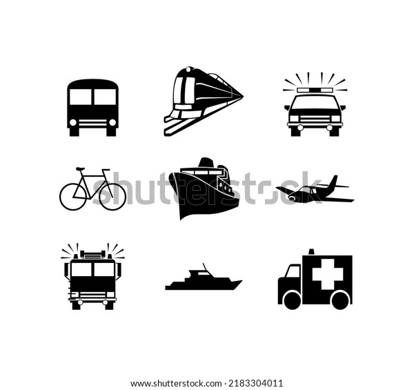 black and white\
set of simple icons. vector illustration. transport. police car,\
bus, bike, train and\
plane.