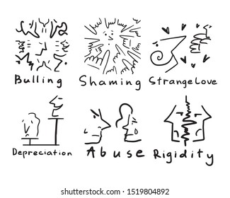 black and white set of simplified illustrations of social troubles.