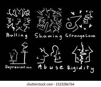black and white set of simplified illustrations of social troubles.