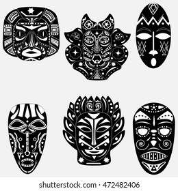 Black and white set of six traditional ritual masks native shamans of ancient tribes and religions Voodoo Africa, America and Australia with ornaments and magical patterns