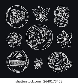 Black and white set, sketch of coffee elements in the sketch style. Drawing smooth lines of hot drinks, cake, croissant for the cafe menu. Coffee cocktails.