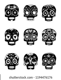black and white set skull decorative for day of the dead vector illustration