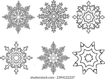 Black and white set of snowflakes, new year things, line - art, line art colouring page, vector.