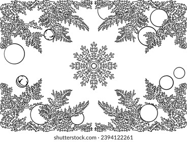 Black and white set of snowflakes, new year things, line - art, line art colouring page, vector.
