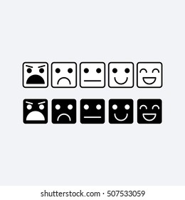 Black white set square icon of Emoticons. Rank, level of satisfaction rating in form of emotions, smileys, emoji. Excellent, good, normal, bad, awful. Feedback, user experience in flat icon. Vector