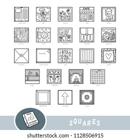 Black and white set of square shape objects. Visual dictionary for children about geometric shapes. Education set for studying geometry.