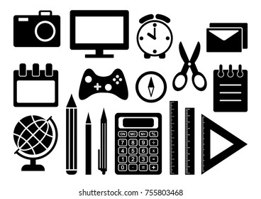 Black and white set stationery. School or office supplies. Vector illustration
