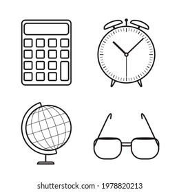Black and white set of student icons: glasses, globe, alarm clock, calculator. Vector Illustration. EPS10
