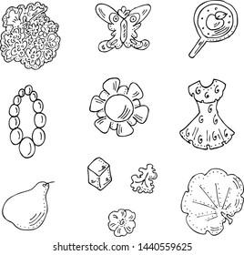 Black and white set. Sun, flowers and leaves. Pear. Dress and beads,butterfly,  lollipop.