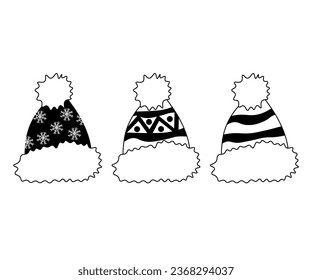 black and white set of three warm bobble hats isolated on a white background. Doodle, one line
