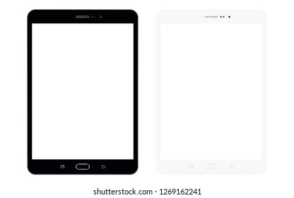 Black and white set top tablet pc screen. two Tablet pc set with blank white screen. Realistic tablet computer black and white set isolated on white, vector.