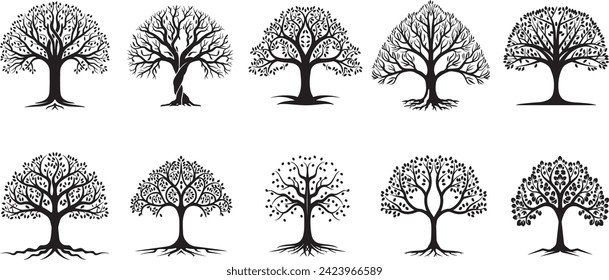 Black and white set of tree silhouette on white background. Vector illustration