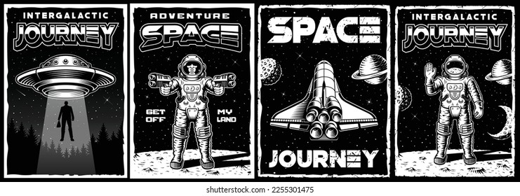 Conjunto blanco y negro de afiches de OVNI de estilo vintage con lanzadera espacial, astronauta, platillo volador. Este diseño también se puede usar como impresión de camisetas.