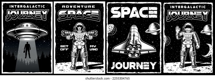 Black and white set of a UFO posters in vintage style with space shuttle, astronaut, flying saucer. This design can also be used as a t-shirt print.