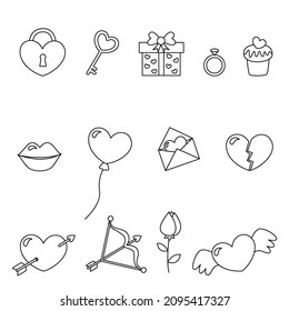 Black and white set of valentine day elements on white background.