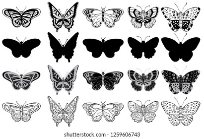 Black and white set of various butterflies forms, silhouettes, ornate icons and sketches. Vector illustration