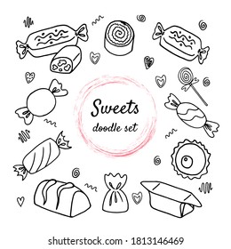 Schwarz-Weiß-Auswahl verschiedener Süßigkeiten im Stil eines Doodle: Bonbons, Muffins, Kuchen, Lollipops, Herzen, Curls, Cupcakes, Tiramisu. Vektorgrafik einzeln auf weißem Hintergrund.