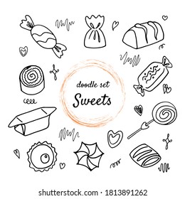 Black and white set of various sweets in the style of a doodle: candies, muffins, cakes, lollipops, hearts, curls, cupcakes, tiramisu. Vector illustration isolated on white background.