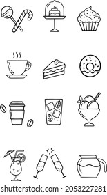 Black and white set of vector hand drawn food and drinks themed icons. Ideal for infographic, graphic design, print, web design, stickers, scrap booking and more.