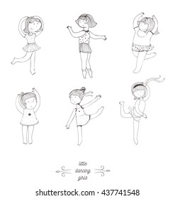 Black And White Set Of Vector Handdrawn Dancing Girls. Cute And Fun Girls In Various Poses, With Smile On Face, Moving In Steps. Isolated On White Illustration, Good For Dance Studio, Dance School