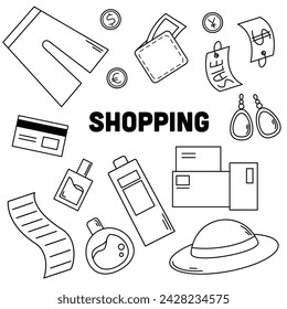 Black and white set of vector icons with various things on the theme of shopping. Clothes, money, coins, jewelry, skincare products, checks
