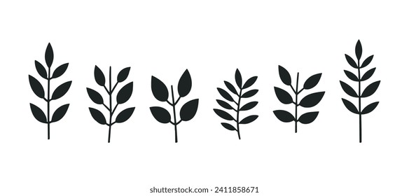 A black and white set of vector leaf icons in a flat style, ideal for environmental projects and design.