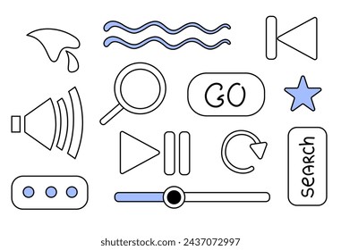 Black and white set in vector with various icons on the theme of the Internet and browser. Buttons, icons, arrows