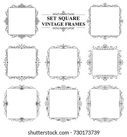 black and white set of vintage classic elegant square frames with floral ornaments. dots of leaves and monograms