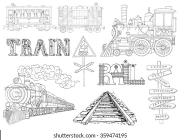 Black and white set with vintage locomotives and old train theme details. Doodle line art illustrations with hand drawn design elements