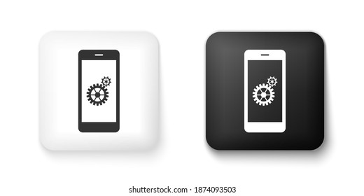 Black and white Setting on smartphone screen icon isolated on white background. Mobile and gear. Adjusting app, set options, repair, fixing phone concepts. Square button. Vector.