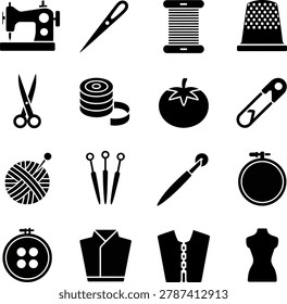 Black and White Sewing Craft Tools and Garment Accessories Icon Set Featuring Needles Scissors Thread and Patterns