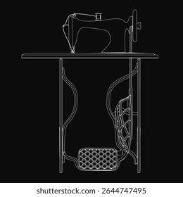A black and white sewing machine illustration with intricate details, including the spool, needle, thread, and foot pedal. The stark contrast against the dark background highlights the machine's.